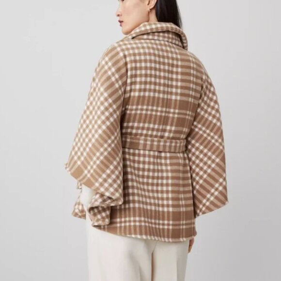 NWT Ann Taylor Tan & White Plaid Tie Waist Button-Up Poncho Size M/L - Picture 2 of 9